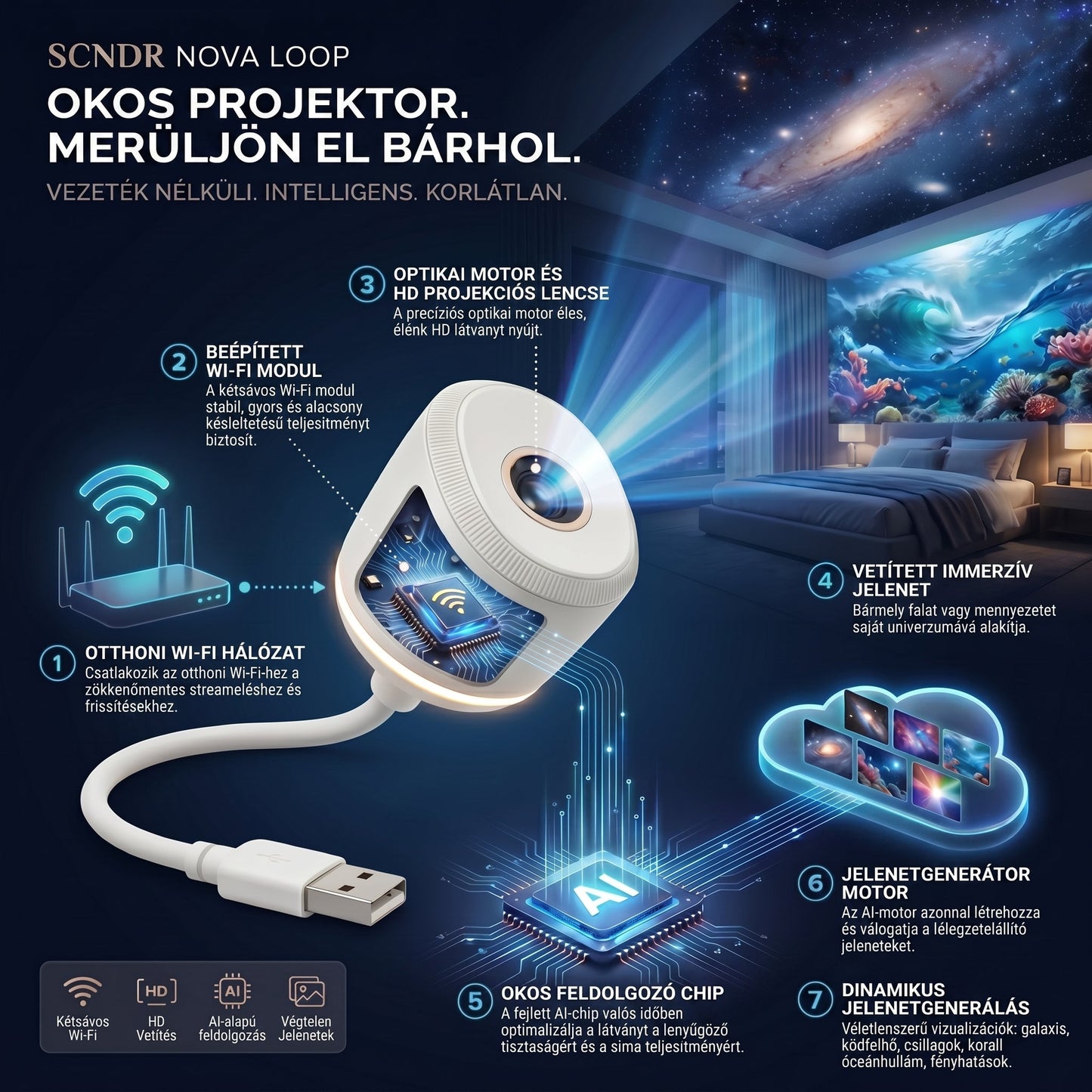 CleraNaure® NOVA LOOP HD intelligens 5D holografikus éjszakai projektorlámpa🌠